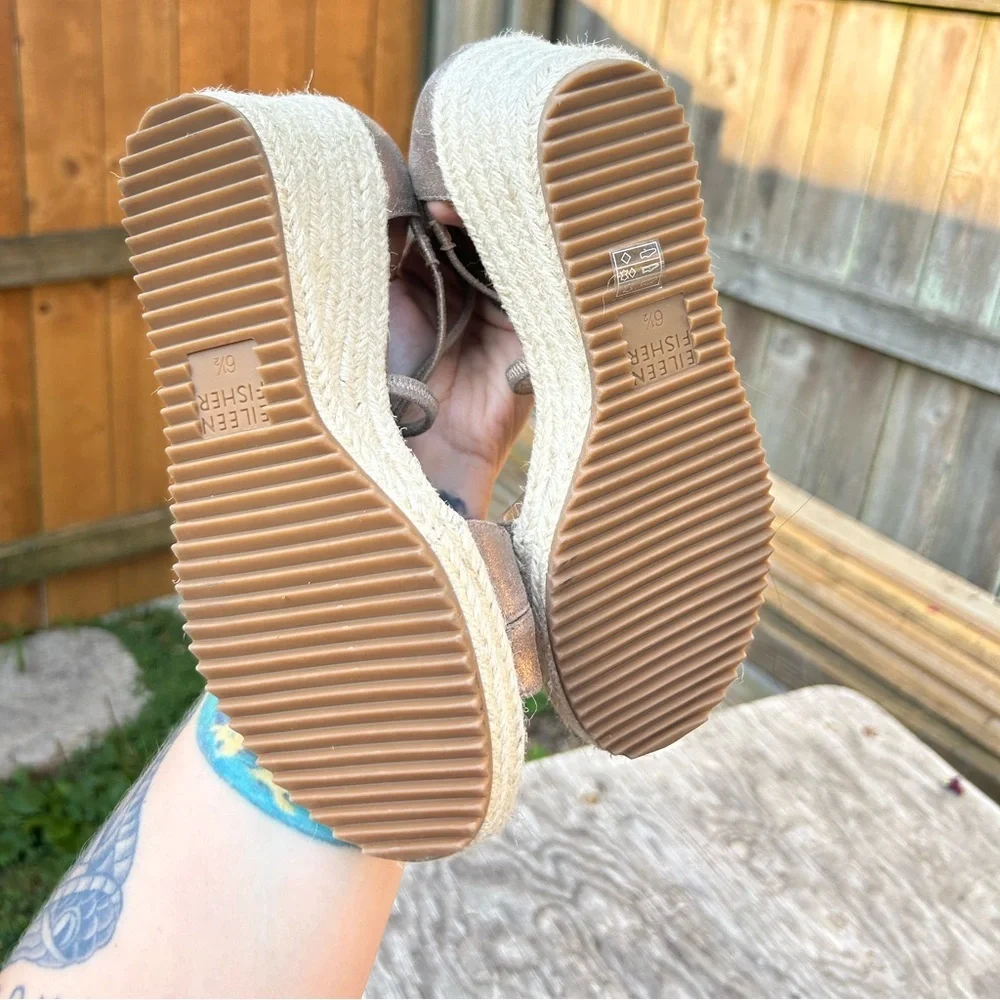 Eileen Fisher Wanda Espadrille‎ Wedge Sandal Metallic Leather Size 6.5